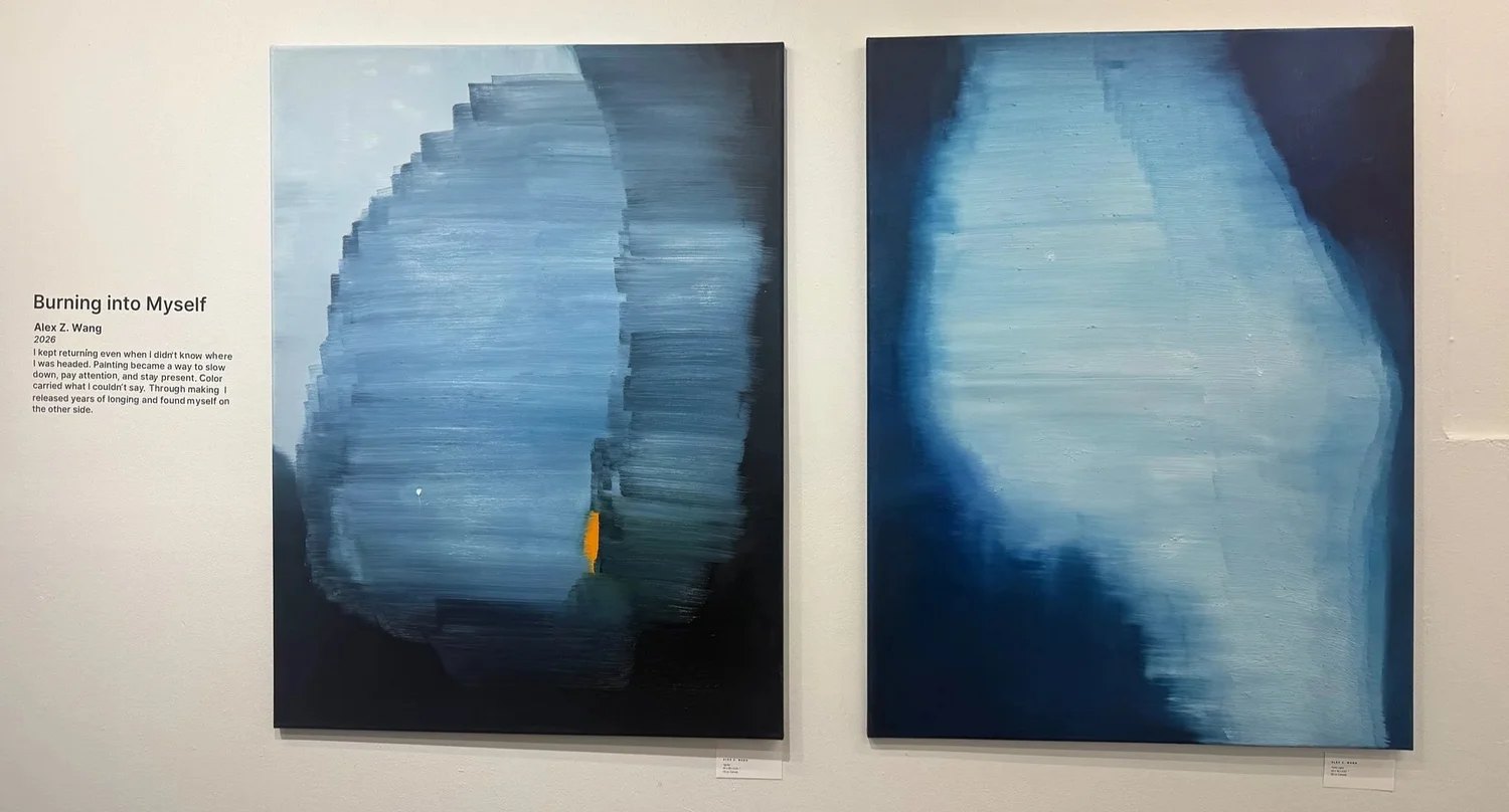 Collective Z installation view — two blue abstract paintings by Alex Z. Wang on a gallery wall